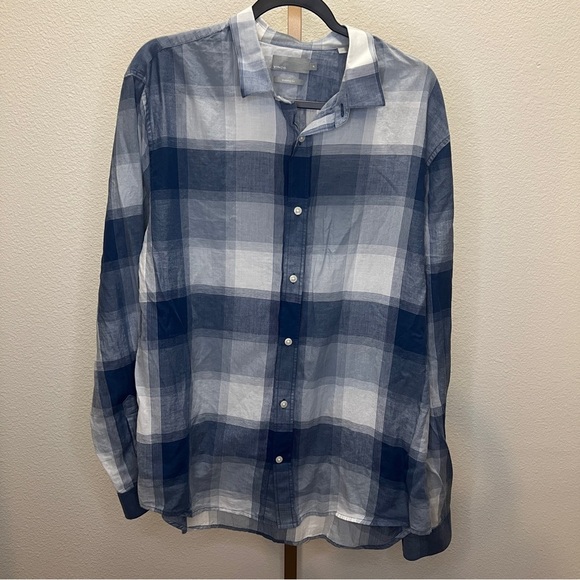 Vince Blue Plaid Button Down Shirt Cotton Linen Ramie Blend XL - Picture 2 of 6